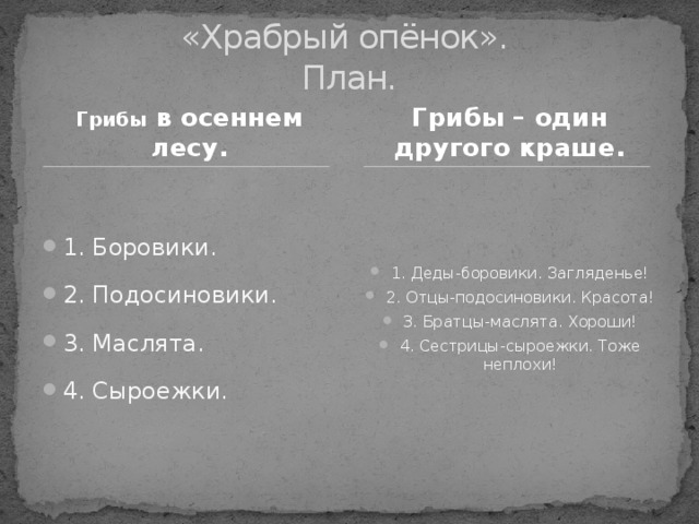 План храбрый. Храбрый опёнок план. План сказки Храбрый опенок. План рассказа Храбрый опенок. Составление плана сказки Храбрый опенок.