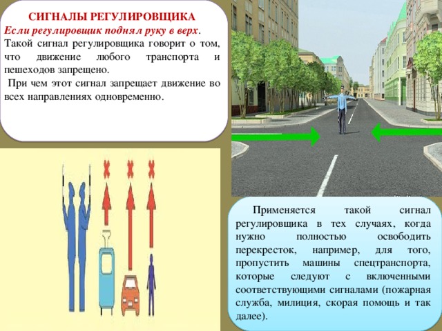 Если регулировщик поднимает руку вверх то