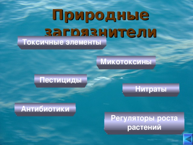 Природные загрязнители Токсичные элементы Микотоксины  Пестициды Нитраты Антибиотики Регуляторы роста растений 