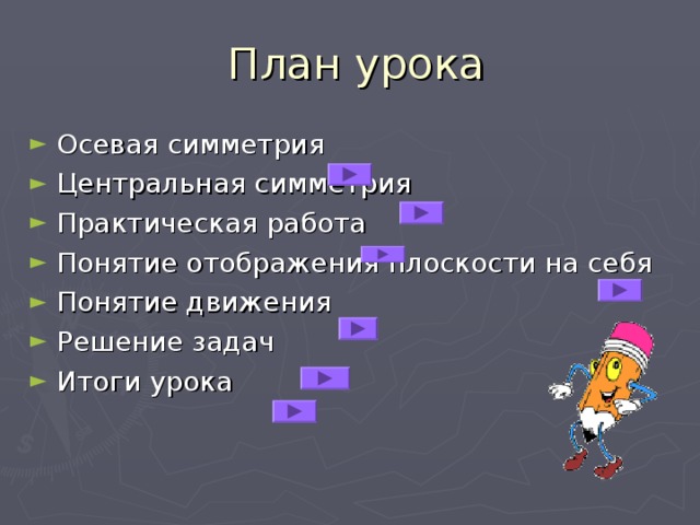  План урока Осевая симметрия Центральная симметрия Практическая работа Понятие отображения плоскости на себя Понятие движения Решение задач Итоги урока   