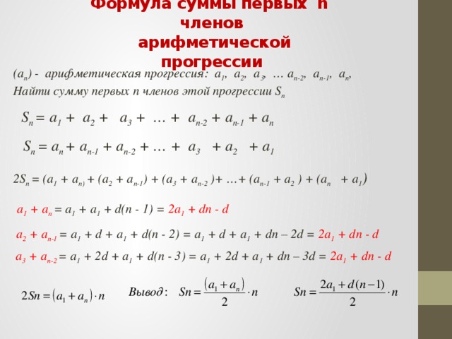 1 2 3 n формула. Вывод формулы суммы арифметической прогрессии. Арифметическая прогрессия формулы а1 а2. Вывести формулу суммы арифметической прогрессии. Выведение формулы суммы арифметической прогрессии.