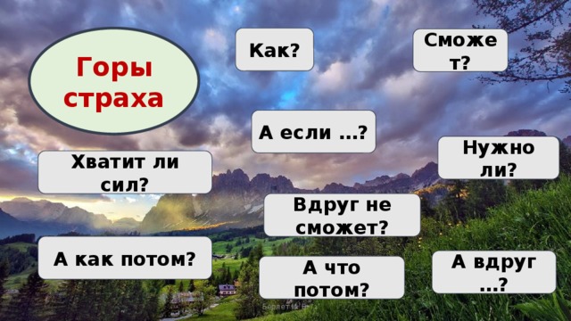 Горы страха Как? Сможет? А если …? Нужно ли? Хватит ли сил? Вдруг не сможет? А как потом? А вдруг …? А что потом? Берлет И. В. 