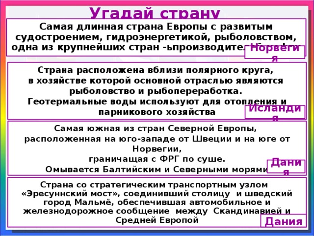 Составь список слов напоминаний о странах севера европы по образцу рубрики