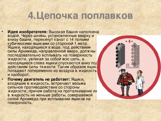 4.Цепочка поплавков Идея изобретателя: Высокая башня наполнена водой. Через шкивы, установленные вверху и внизу башни, перекинут канат с 14 полыми кубическими ящиками со стороной 1 метр. Ящики, находящиеся в воде, под действием силы Архимеда, направленной вверх, должны последовательно всплывать на поверхность жидкости, увлекая за собой всю цепь, а находящиеся слева ящики спускаются вниз под действием силы тяжести. Таким образом ящики попадают попеременно из воздуха в жидкость и наоборот. Почему двигатель не работает: Ящики, входящие в жидкость, встречают весьма сильное противодействие со стороны жидкости, причем работа на проталкивание их в жидкость не меньше работы, совершаемой силой Архимеда при всплывании ящиков на поверхность. 