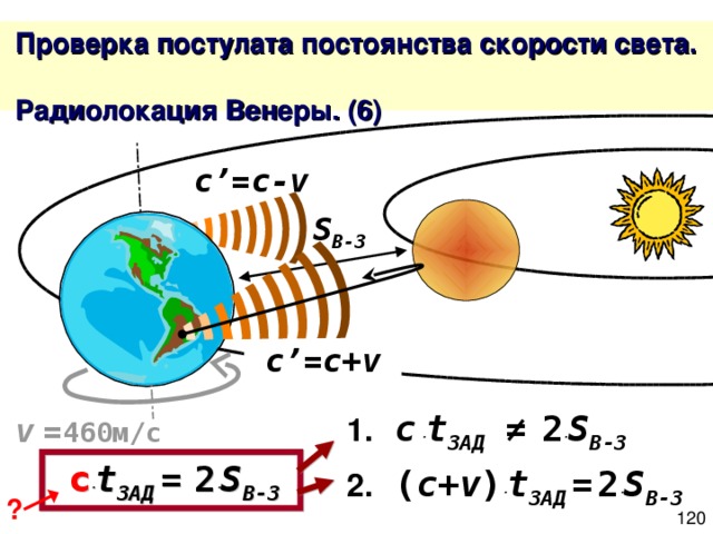  Проверка постулата постоянства скорости света.  Радиолокация Венеры. ( 6 ) c’ = c-v S В-З c’ = c + v 1.  c  ∙ t ЗАД  ≠  2 ∙ S В-З  v  = 460м/с  c ∙ t ЗАД  =  2 ∙ S В-З  2.  ( c + v ) ∙ t ЗАД  =  2 ∙ S В-З  ? 