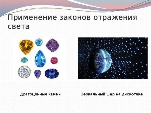 Применение законов отражения света Зеркальный шар на дискотеке Драгоценные камни 