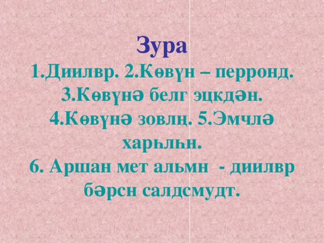 Зура  1.Диилвр. 2.Көвүн – перронд. 3.Көвүнə белг эцкдəн.  4.Көвүнə зовлң. 5.Эмчлə харһлһн.  6. Аршан мет альмн - диилвр бəрсн салдсмудт. 