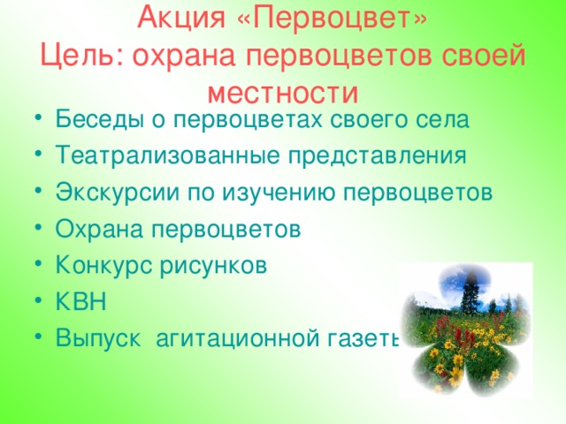 Акция «Первоцвет»  Цель: охрана первоцветов своей местности Беседы о первоцветах своего села Театрализованные представления Экскурсии по изучению первоцветов Охрана первоцветов Конкурс рисунков КВН Выпуск агитационной газеты 