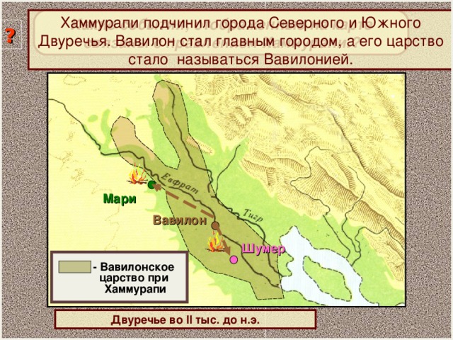 Какие события, отображенные на карте связаны с правлением Хаммурапи.? Хаммурапи подчинил города Северного и Южного Двуречья. Вавилон стал главным городом, а его царство стало называться Вавилонией. ? Мари Вавилон Шумер  - Вавилонское  царство при  Хаммурапи Двуречье во II тыс. до н.э.