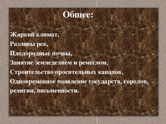 Общее:  Жаркий климат, Разливы рек, Плодородные почвы, Занятие земледелием и ремеслом, Строительство оросительных каналов, Одновременное появление государств, городов, религии, письменности.