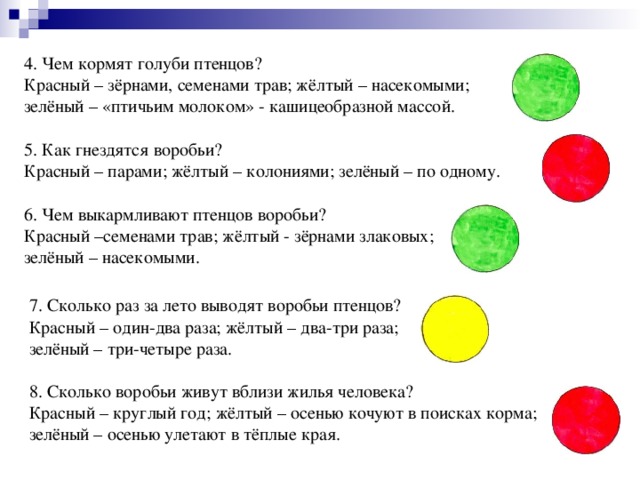 4. Чем кормят голуби птенцов? Красный – зёрнами, семенами трав; жёлтый – насекомыми; зелёный – «птичьим молоком» - кашицеобразной массой. 5. Как гнездятся воробьи? Красный – парами; жёлтый – колониями; зелёный – по одному. 6. Чем выкармливают птенцов воробьи? Красный –семенами трав; жёлтый - зёрнами злаковых; зелёный – насекомыми. 7. Сколько раз за лето выводят воробьи птенцов? Красный – один-два раза; жёлтый – два-три раза; зелёный – три-четыре раза. 8. Сколько воробьи живут вблизи жилья человека? Красный – круглый год; жёлтый – осенью кочуют в поисках корма; зелёный – осенью улетают в тёплые края.