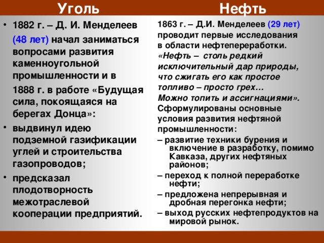 Уголь     Нефть 1882 г. – Д. И. Менделеев 1863 г. – Д.И. Менделеев (29 лет) проводит первые исследования в области нефтепереработки. «Нефть – столь редкий исключительный дар природы, что сжигать его как простое топливо – просто грех… Можно топить и ассигнациями». Сформулированы основные условия развития нефтяной промышленности: – развитие техники бурения и включение в разработку, помимо Кавказа, других нефтяных районов; – переход к полной переработке нефти; – предложена непрерывная и дробная перегонка нефти; – выход русских нефтепродуктов на мировой рынок.  (48 лет) начал заниматься вопросами развития каменноугольной промышленности и в  1888 г. в работе «Будущая сила, покоящаяся на берегах Донца»: выдвинул идею подземной газификации углей и строительства газопроводов; предсказал плодотворность межотраслевой кооперации предприятий. 