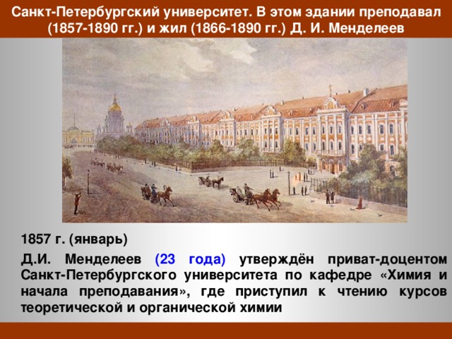 Санкт-Петербургский университет. В этом здании преподавал (1857-1890 гг.) и жил (1866-1890 гг.) Д. И. Менделеев  1857 г. (январь)  Д.И. Менделеев (23 года) утверждён приват-доцентом Санкт-Петербургского университета по кафедре «Химия и начала преподавания», где приступил к чтению курсов теоретической и органической химии 