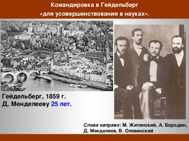 175-летие Д. И. Менделеева Командировка в Гейдельберг «для усовершенствования в науках». Гейдельберг, 1859 г. Д. Менделееву 25 лет . Слева направо : М. Житинский, А. Бородин, Д. Менделеев, В. Олевинский   