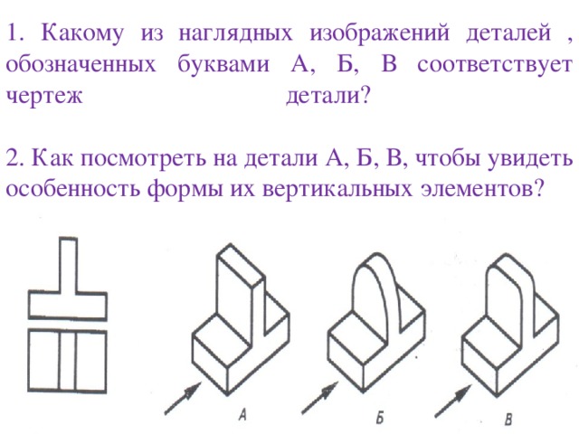 Определите какие чертежи соответствуют данным наглядным изображениям