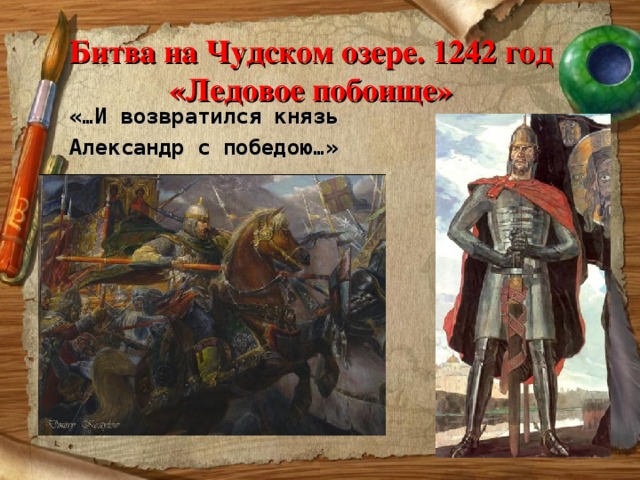 Битва на Чудском озере. 1242 год  «Ледовое побоище» «…И возвратился князь Александр с победою…» 