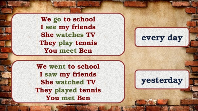 We go to school I see my friends She watches TV They play tennis You meet Ben every day We went to school I saw my friends She watched TV They played tennis You met Ben yesterday 