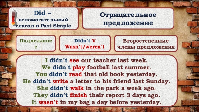 Did –  вспомогательный глагол в Past Simple Отрицательное предложение Подлежащее Didn’t V Wasn’t/weren’t Второстепенные члены предложения I  didn’t  see our teacher last week. We  didn’t  play football last summer. You  didn’t  read that old book yesterday. He  didn’t  write a letter to his friend last Sunday. She  didn’t  walk in the park a week ago. They  didn’t  finish their report 3 days ago. It  wasn’t in my bag a day before yesterday. 