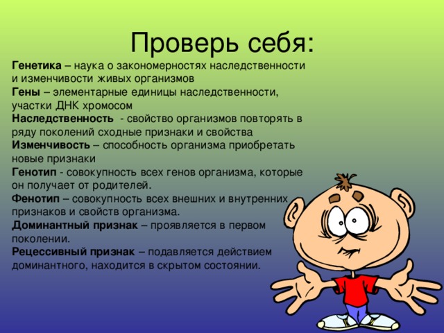 Проверь себя: Генетика – наука о закономерностях наследственности и изменчивости живых организмов Гены – элементарные единицы наследственности, участки ДНК хромосом Наследственность - свойство организмов повторять в ряду поколений сходные признаки и свойства Изменчивость – способность организма приобретать новые признаки Генотип - совокупность всех генов организма, которые он получает от родителей. Фенотип – совокупность всех внешних и внутренних признаков и свойств организма. Доминантный признак – проявляется в первом поколении. Рецессивный признак – подавляется действием доминантного, находится в скрытом состоянии. 