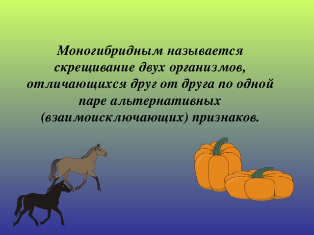 Моногибридным называется скрещивание двух организмов, отличающихся друг от друга по одной паре альтернативных (взаимоисключающих) признаков.  
