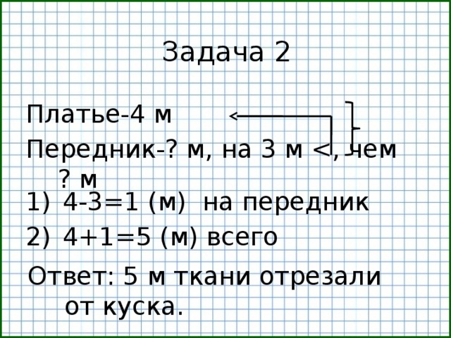 Задача номер 2. Задача от куска ситца отрезали. От куска ситца отрезали 4 м. От КЦСКА чттца оирещали. Решение задачи от куска ситца отрезали.