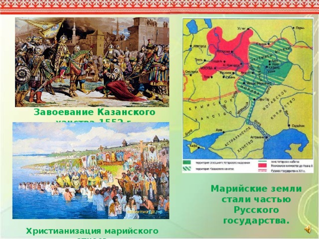 Коломенская В.Г. 29.02.2012 Завоевание Казанского ханства.1552 г. Марийские земли стали частью Русского государства. Христианизация марийского этноса 