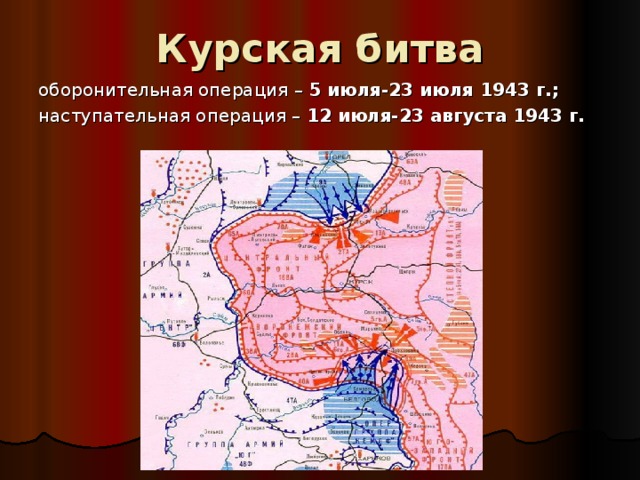 Курская битва   оборонительная операция – 5 июля-23 июля 1943 г.; наступательная операция – 12 июля-23 августа 1943 г.  