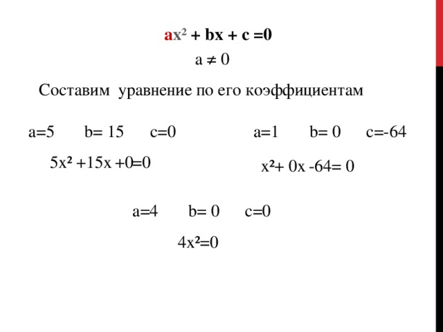 a x² + bx + c =0 а ≠ 0 Составим уравнение по его коэффициентам а=5 b= 15 c=0 а=1 b= 0 c=-64 5х² +15х +0 =0 х² + 0х -64= 0 а=4 b= 0 c=0 4х²=0