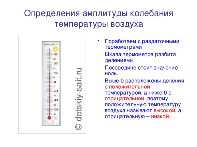 Определения  амплитуды колебания температуры воздуха Поработаем с раздаточными термометрами  Шкала термометра разбита делениями.  Посередине стоит значение ноль.  Выше 0 расположены деления с положительной температурой, а ниже 0 с отрицательной , поэтому положительную температуру воздуха называют высокой , а отрицательную – низкой . 