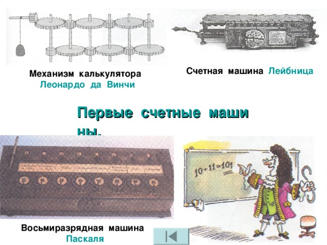 Счетная машина Лейбница Механизм калькулятора Леонардо  да  Винчи Первые  счетные  машины. Восьмиразрядная машина Паскаля 