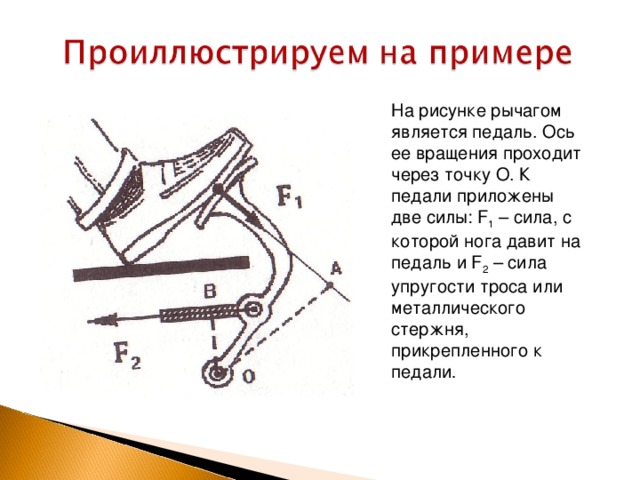 На рисунке рычагом является педаль. Ось ее вращения проходит через точку О. К педали приложены две силы: F 1 – сила, с которой нога давит на педаль и F 2 – сила упругости троса или металлического стержня, прикрепленного к педали . 