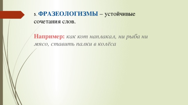 5. ФРАЗЕОЛОГИЗМЫ  – устойчивые сочетания слов.   Например:  как кот наплакал, ни рыба ни мясо, ставить палки в колёса    