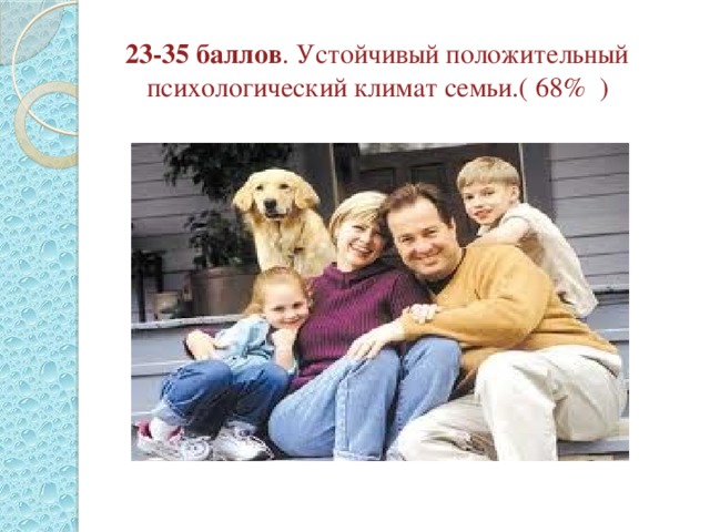 23-35 баллов . Устойчивый положительный психологический климат семьи.( 68% )    