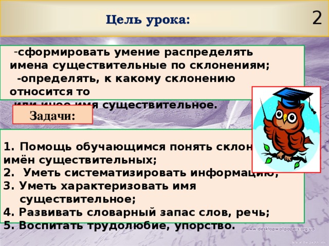  2 Цель урока:  - сформировать умение распределять имена существительные по склонениям;  - определять, к какому склонению относится то  или иное имя существительное. Задачи: Помощь обучающимся понять склонение имён существительных; 2. Уметь систематизировать информацию; 3. Уметь характеризовать имя существительное; 4. Развивать словарный запас слов, речь; 5. Воспитать трудолюбие, упорство. 