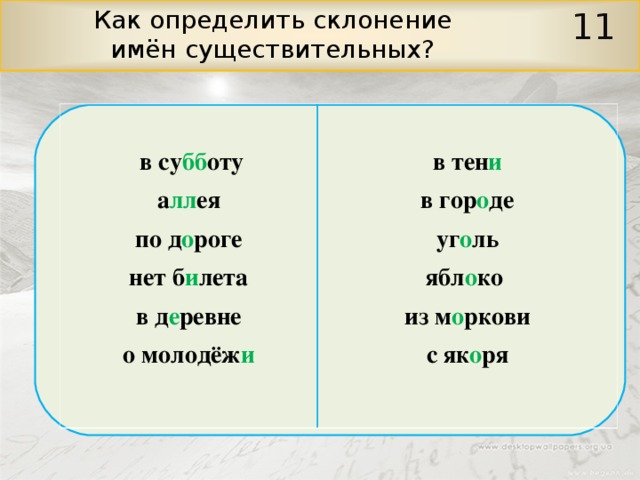  11 Как определить склонение имён существительных?   в су бб оту а лл ея по д о роге нет б и лета в д е ревне о молодёж и  в тен и в гор о де уг о ль ябл о ко из м о ркови с як о ря 