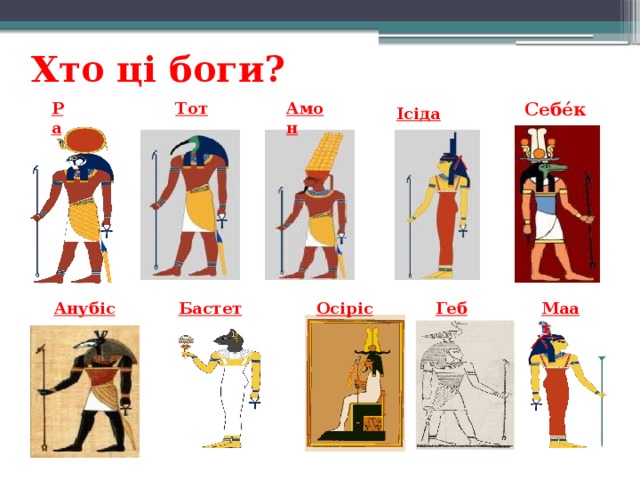 Хто ці боги? Амон Тот Себе́к Ра Ісіда Анубіс   Геб Маат Осіріс Бастет 