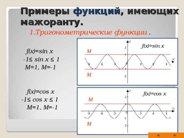 Примеры функций , имеющих мажоранту.  1.Тригонометрические  функции .   f(x)=sin x  -1 ≤ sin x ≤ 1  M=1, M=-1    f(x)=cos x  -1 ≤ cos x ≤ 1  M=1, M=-1     f(x)=sin x M    M f(x)=cos x M M 