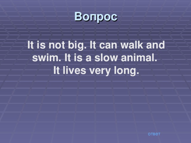 Вопрос It is not big. It can walk and swim. It is a slow animal. It lives very long. ответ 