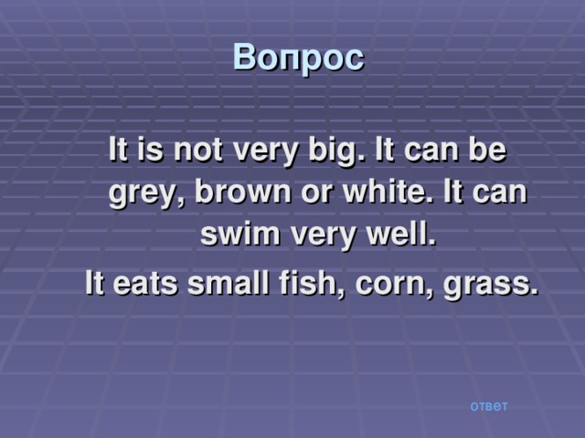 Вопрос It is not very big. It can be grey, brown or white. It can swim very well.  It eats small fish, corn, grass. ответ 