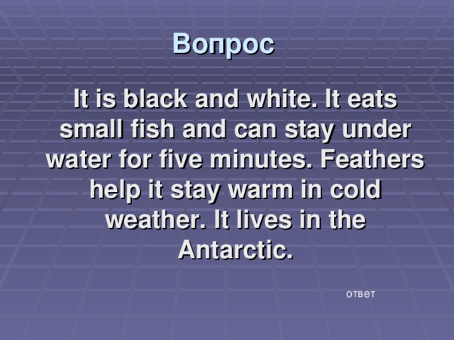 Вопрос   It is black and white. It eats small fish and can stay under water for five minutes. Feathers help it stay warm in cold weather. It lives in the Antarctic. ответ 