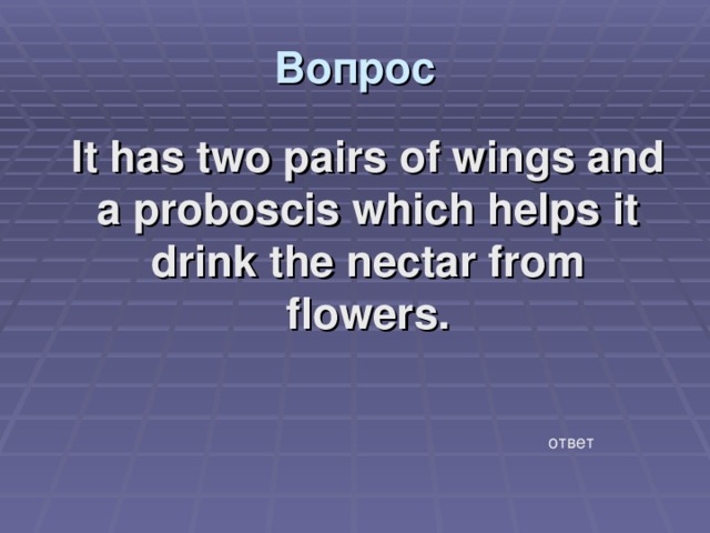Вопрос  It has two pairs of wings and a proboscis which helps it drink the nectar from flowers. ответ 
