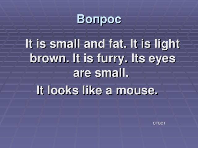Вопрос  It is small and fat. It is light brown. It is furry. Its eyes are small. It looks like a mouse. ответ 