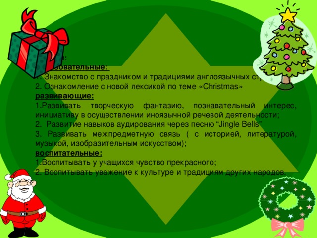 Задачи: образовательные: 1. Знакомство с праздником и традициями англоязычных стран. 2. Ознакомление с новой лексикой по теме « Christmas » развивающие:  Развивать творческую фантазию, познавательный интерес, инициативу в осуществлении иноязычной речевой деятельности; 2. Развитие навыков аудирования через песню “Jingle Bells” 3 . Развивать межпредметную связь ( с историей, литературой, музыкой, изобразительным искусством); воспитательные:  Воспитывать у учащихся чувство прекрасного; 2. Воспитывать уважение к культуре и традициям других народов. 