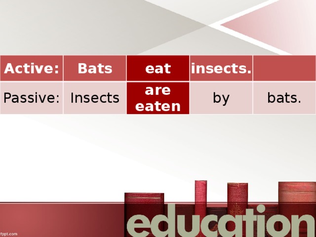 Active: Bats Passive: eat Insects insects. are eaten by bats. 