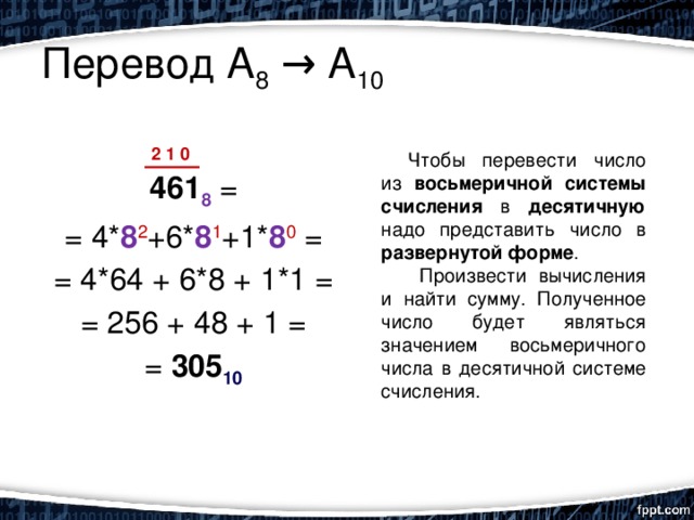Перевод А 8 → А 10 461 8 = = 4* 8 2 +6* 8 1 +1* 8 0  = = 4*64 + 6*8 + 1*1 = = 256 + 48 + 1 = = 305 10 2 1 0 Чтобы перевести число из восьмеричной системы счисления в десятичную надо представить число в развернутой форме .  Произвести вычисления и найти сумму. Полученное число будет являться значением восьмеричного числа в десятичной системе счисления. 