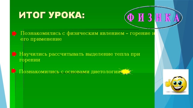 Познакомились с физическим явлением – горение и его применение Научились рассчитывать выделение тепла при горении Познакомились с основами диетологии 