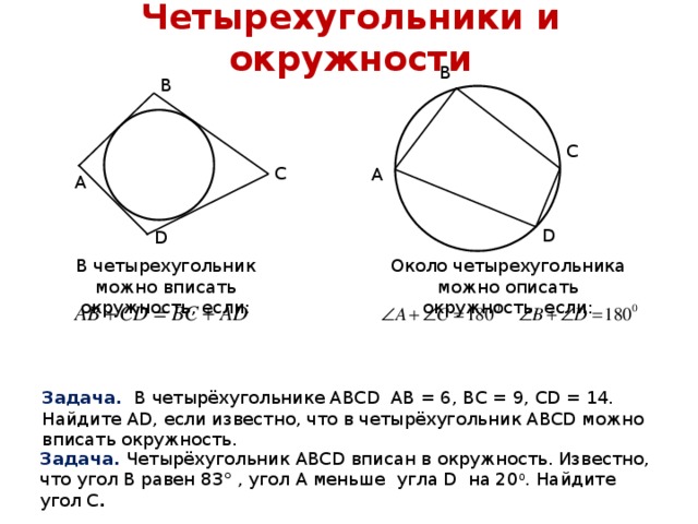 Четырехугольники и окружности В В С С А А D D В четырехугольник можно вписать окружность, если: Около четырехугольника можно описать окружность, если: Задача. В четырёхугольнике АВСD АВ = 6, ВС = 9, СD = 14. Найдите АD, если известно, что в четырёхугольник АВСD можно вписать окружность. Задача. Четырёхугольник АВСD вписан в окружность. Известно, что угол В равен 83° , угол А меньше угла D на 20 0 . Найдите угол С . 