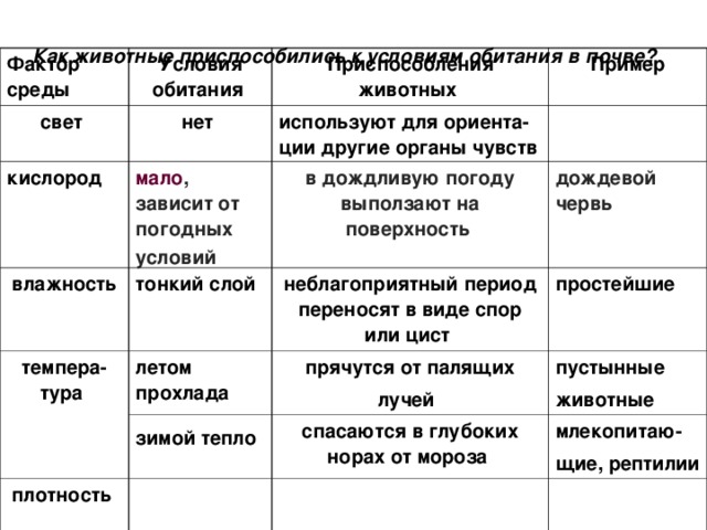 Как животные приспособились к условиям обитания в почве?  Фактор среды  Условия обитания  свет  Приспособления животных  кислород  нет Пример влажность мало , зависит от погодных условий  используют для ориента-ции другие органы чувств в дождливую погоду выползают на поверхность  тонкий слой  темпера-тура  дождевой червь  неблагоприятный период переносят в виде спор или цист  летом прохлада  простейшие прячутся от палящих лучей  зимой тепло  плотность  пустынные животные  спасаются в глубоких норах от мороза  млекопитаю-щие, рептилии  