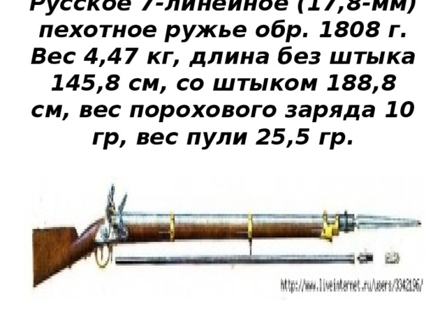 Русское 7-линейное (17,8-мм) пехотное ружье обр. 1808 г. Вес 4,47 кг, длина без штыка 145,8 см, со штыком 188,8 см, вес порохового заряда 10 гр, вес пули 25,5 гр.   