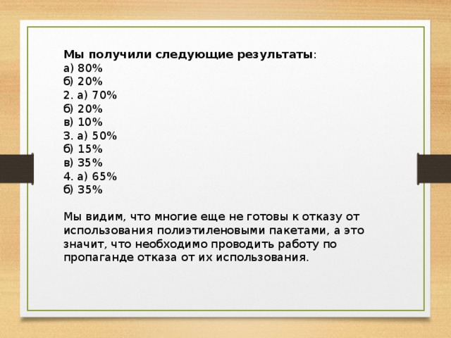 Мы получили следующие результаты : а) 80% б) 20% 2. а) 70% б) 20% в) 10% 3. а) 50% б) 15% в) 35% 4. а) 65% б) 35%   Мы видим, что многие еще не готовы к отказу от использования полиэтиленовыми пакетами, а это значит, что необходимо проводить работу по пропаганде отказа от их использования.   